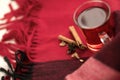 a glass cup of a red warming drink (tea, mulled wine, punch). ingredients for winter hot drinks. beautiful background Royalty Free Stock Photo