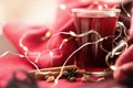 a glass cup of a red warming drink (tea, mulled wine, punch). ingredients for winter hot drinks. beautiful background Royalty Free Stock Photo