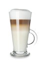 Glass cup of tasty aromatic latte on white background