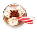 Glass cup of tasty cocoa with marshmallows, Christmas candy cane and anise isolated on white, top view Royalty Free Stock Photo