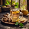 glass cup with ginger, lemon, and honey tea on bright kitchen table close-up Royalty Free Stock Photo