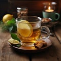 Glass cup of tea with ginger, lemon and honey on a wooden table Royalty Free Stock Photo