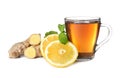 Glass cup of tea, lemon slices and ginger Royalty Free Stock Photo