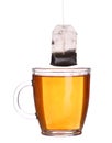 Glass cup of tea with tea bag isolated on white Royalty Free Stock Photo