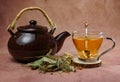 Glass cup with teapot and fresh linden leaves, infusion of lime blossom tea Royalty Free Stock Photo