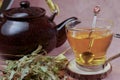 Glass cup with teapot and fresh linden leaves, infusion of lime blossom tea Royalty Free Stock Photo