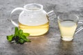 glass cup and teapot of healthy tea with mint Royalty Free Stock Photo
