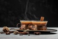 Glass cup of traditional indian masala chai tea with milk and spices on gray background. banner, menu, recipe place for text, top Royalty Free Stock Photo