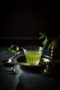 Glass cup with traditional Japanese green colored matcha tea served on table Royalty Free Stock Photo