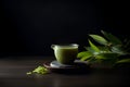 Glass cup with traditional Japanese green colored matcha tea served on table Royalty Free Stock Photo