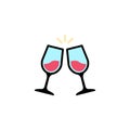 Glass cups cheers. Wine icon flat. Love stories symbol. Valentines day concept. Vector on isolated white background. Eps Royalty Free Stock Photo