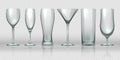 Glass cups. Empty transparent glasses and goblet mockups, realistic 3D bear pint and cocktail glassware. Vector glass Royalty Free Stock Photo
