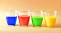 Glass cups full of colorful drinks. Set of exotic liquid with sample text.