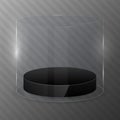 Glass cylinder with black podium. Design template.