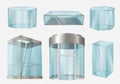 Glass cylinders. Transparent showcases stands in various forms cylinder cube blank elevator in mall. Decent vector Royalty Free Stock Photo