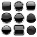 Glass 3d buttons set. Black round and square icons with chrome frame Royalty Free Stock Photo