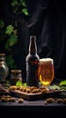 Glass of dark beer with foam head on dark background with beer snacks Royalty Free Stock Photo