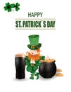 A glass of dark beer. Leprechaun in green hat. Two-leaf clover and horseshoe iron. Pot with coins. Happy St. Patrick`s