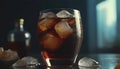 Glass of dark fizzy drink with ice cubes, cola or soda beverage on dark background, summer refreshment cocktail