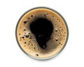 Glass of dark stout beer top view with foam. on white background. with clipping path