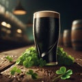 Glass of dark stout sits on wooden table, with sprinkling of shamrocks