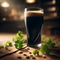 Glass of dark stout sits on wooden table, with sprinkling of shamrocks