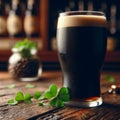 Glass of dark stout sits on wooden table, with sprinkling of shamrocks