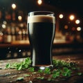 Glass of dark stout sits on wooden table, with sprinkling of shamrocks