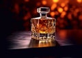 Glass decanter bottle with whiskey,cognac or brandy on black background.Macro.AI Generative