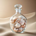 Glass Decanter Filled with Assorted Seashells on Sand Dunes beach ocean Royalty Free Stock Photo