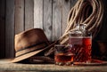 Glass and decanter with strong alcohol on a old wooden table Royalty Free Stock Photo