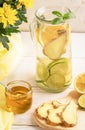 Glass decanter with water, infused with lemon, lime, ginger and ingredients on light background.