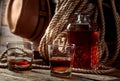 Glass and decanter of whiskey on a old wooden table Royalty Free Stock Photo