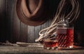 Glass and decanter with whiskey on an old wooden table Royalty Free Stock Photo