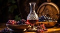 Glass decanter of wine with ripe grapes bunch harvest. Generative AI