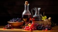 Glass decanter of wine with ripe grapes bunch harvest. Generative AI