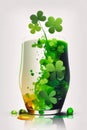 Glass decorated with green clovers white background. Green four-leaf clover symbol of St. Patrick\' Royalty Free Stock Photo