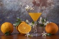 A glass decorated with white flowers contains orange juice, with whole and halved oranges next to it Royalty Free Stock Photo