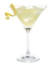 Glass of delicious bee`s knees cocktail with ice and lemon twist isolated on white