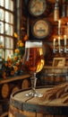 Glass of delicious light beer on the old wooden barrel in the pub with the bright lights Royalty Free Stock Photo