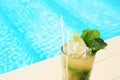 Glass of delicious mojito near swimming pool. Refreshing drink Royalty Free Stock Photo