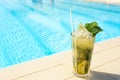 Glass of mojito near swimming pool, space for text. Refreshing drink Royalty Free Stock Photo