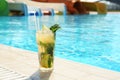 Glass of mojito near swimming pool, space for text. Refreshing drink Royalty Free Stock Photo