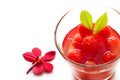 Glass delicious refreshing drink of vibrant watermelon with red orchid on white background