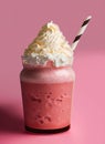 Glass of delicious strawberry milkshake with whipped cream isolated on pink background. Royalty Free Stock Photo