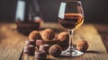 Glass of dessert wine with assorted chocolates on wooden table Royalty Free Stock Photo