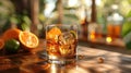 Glass of Disaronno on the rocks with orange slices, sitting on a table Royalty Free Stock Photo