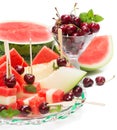 Glass dish with mixed fruit salad and cherry