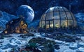 Glass dome home in snow covered mountain at night