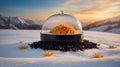 Delicious Mango Cubes Under Glass Dome in Snowy Mountain Sunset Royalty Free Stock Photo